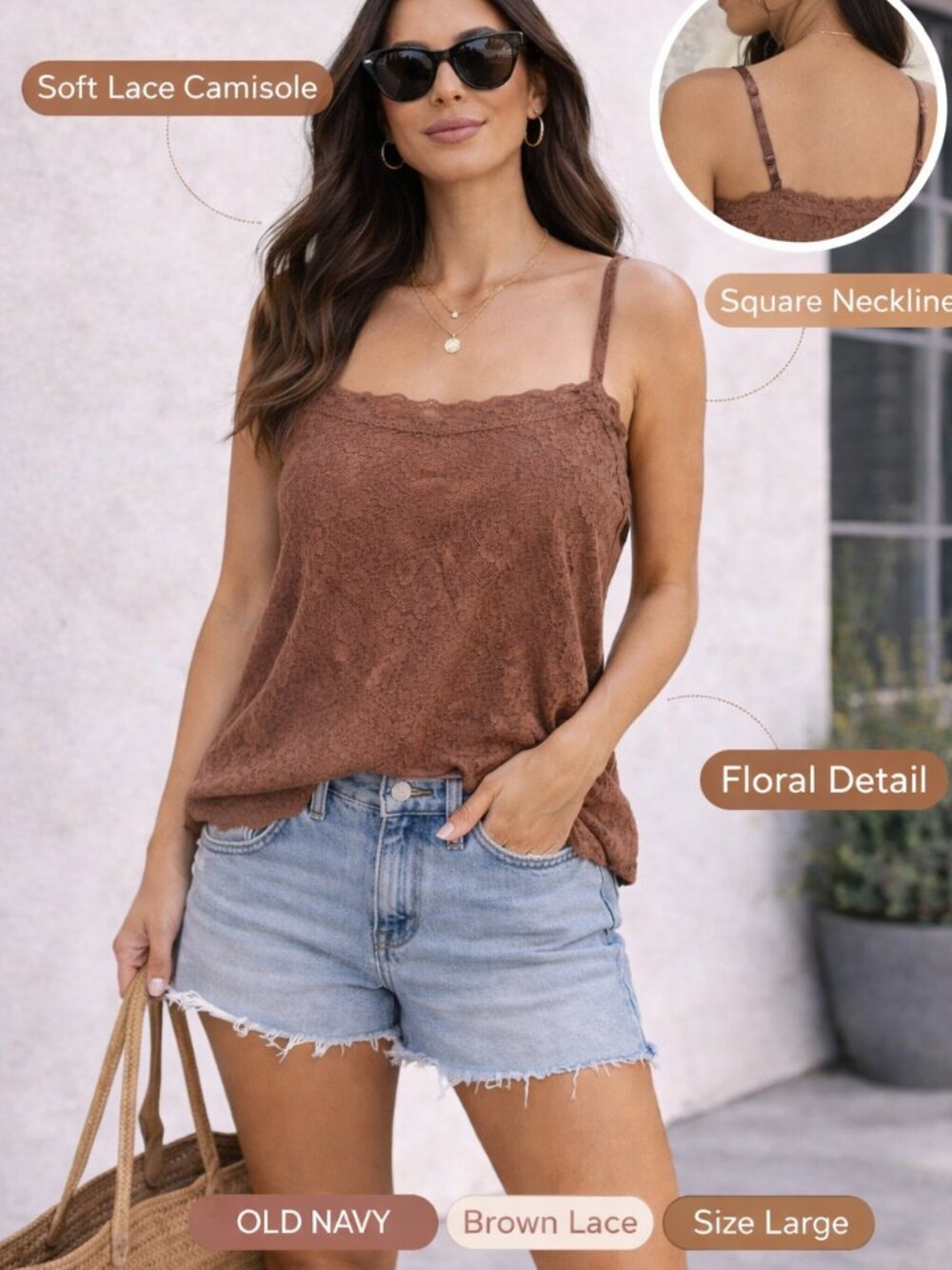 Old Navy Lace Camisole XL Light Brown Taupe – Adjustable Straps, NWOT